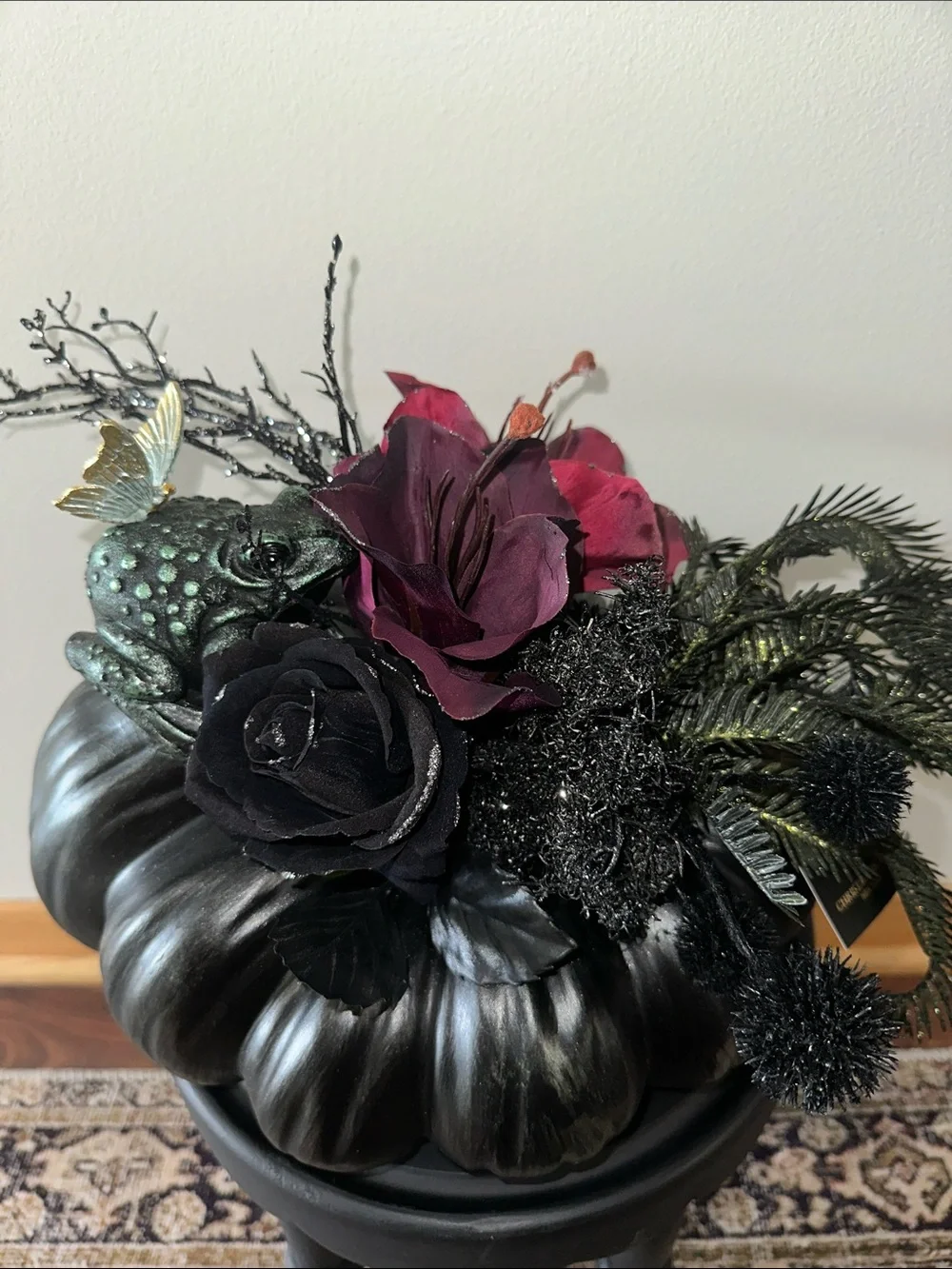 Halloween Black Decorative Pumpkin toad with butterfly Floral Arrangement